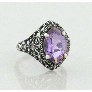 Sterling Silver Purple Amethyst Scrolling Filigree Design Ring size 6 3/4
